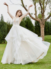 Sleeveless Tulle Wedding Dress with Plunging V-neck Ivory