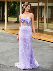 Bow-Front Lace-Embellished Trumpet/Mermaid Gown Lilac