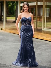 Bow-Front Lace-Embellished Trumpet/Mermaid Gown Dark Navy