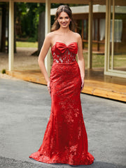 Bow-Front Lace-Embellished Trumpet/Mermaid Gown Red