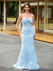 Bow-Front Lace-Embellished Trumpet/Mermaid Gown Sky Blue