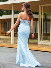 Bow-Front Lace-Embellished Trumpet/Mermaid Gown Sky Blue