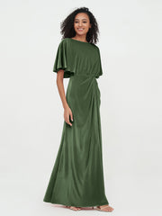V-Back Long Velvet Dresses with Flutter Sleeves Olive Green