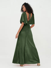 V-Back Long Velvet Dresses with Flutter Sleeves Olive Green