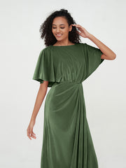V-Back Long Velvet Dresses with Flutter Sleeves Olive Green