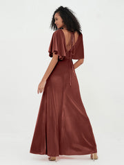 V-Back Long Velvet Dresses with Flutter Sleeves Terracotta