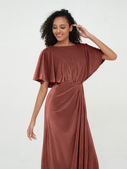 V-Back Long Velvet Dresses with Flutter Sleeves Terracotta