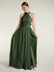 Halter Chiffon Bridesmaid Dress with Slit Olive Green