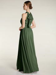Halter Chiffon Bridesmaid Dress with Slit Olive Green