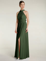 Halter Chiffon Bridesmaid Dress with Slit Olive Green