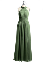 Halter Chiffon Bridesmaid Dress with Slit Olive Green