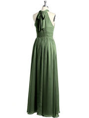 Halter Chiffon Bridesmaid Dress with Slit Olive Green