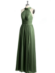 Halter Chiffon Bridesmaid Dress with Slit Olive Green