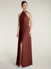 Halter Chiffon Bridesmaid Dress with Slit Terracotta