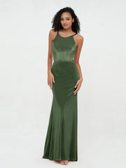 Halter Mermaid Double Straps Velvet Max Dresses Olive Green