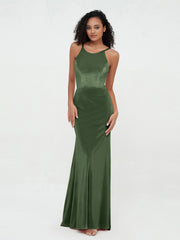 Halter Mermaid Double Straps Velvet Max Dresses Olive Green