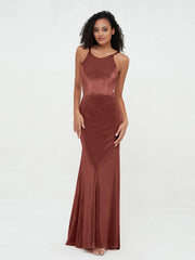 Halter Mermaid Double Straps Velvet Max Dresses Terracotta