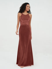 Halter Mermaid Double Straps Velvet Max Dresses Terracotta