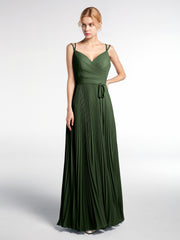 Double Straps Pleated Skirt Dress with Self-tie Olive Green
