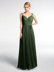 Double Straps Pleated Skirt Dress with Self-tie Olive Green