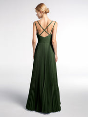 Double Straps Pleated Skirt Dress with Self-tie Olive Green