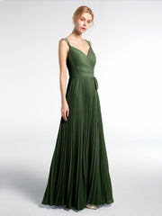 Double Straps Pleated Skirt Dress with Self-tie Olive Green