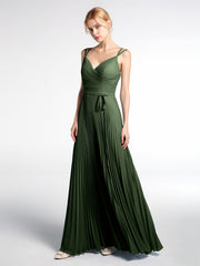 Double Straps Pleated Skirt Dress with Self-tie Olive Green