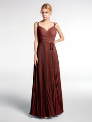 Double Straps Pleated Skirt Dress with Self-tie Terracotta
