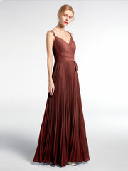 Double Straps Pleated Skirt Dress with Self-tie Terracotta