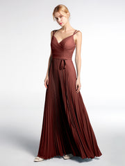Double Straps Pleated Skirt Dress with Self-tie Terracotta