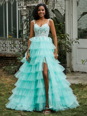 Sweetheart Neck Ruffle Tiered Tulle Dress With Slit Turquoise