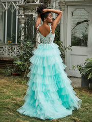Sweetheart Neck Ruffle Tiered Tulle Dress With Slit Turquoise