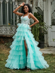 Sweetheart Neck Ruffle Tiered Tulle Dress With Slit Turquoise