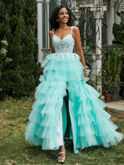 Sweetheart Neck Ruffle Tiered Tulle Dress With Slit Turquoise