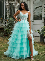 Sweetheart Neck Ruffle Tiered Tulle Dress With Slit Turquoise