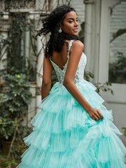 Sweetheart Neck Ruffle Tiered Tulle Dress With Slit Turquoise