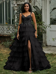 Sweetheart Neck Ruffle Tiered Tulle Dress With Slit Black