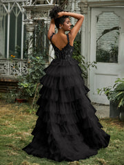 Sweetheart Neck Ruffle Tiered Tulle Dress With Slit Black