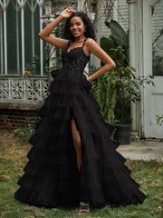 Sweetheart Neck Ruffle Tiered Tulle Dress With Slit Black