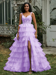 Sweetheart Neck Ruffle Tiered Tulle Dress With Slit Lilac Plus Size