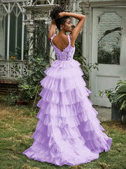 Sweetheart Neck Ruffle Tiered Tulle Dress With Slit Lilac