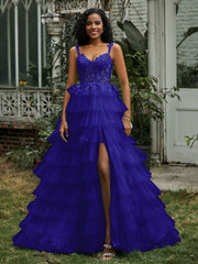 Sweetheart Neck Ruffle Tiered Tulle Dress With Slit Royal Blue Plus Size