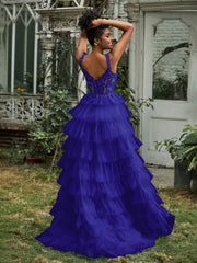 Sweetheart Neck Ruffle Tiered Tulle Dress With Slit Royal Blue Plus Size
