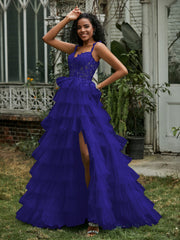 Sweetheart Neck Ruffle Tiered Tulle Dress With Slit Royal Blue