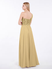 Sequins Top Chiffon Button Long Dresses Gold