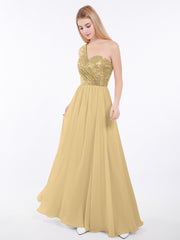Sequins Top Chiffon Button Long Dresses Gold