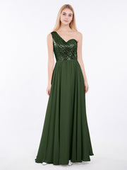 Sequins Top Chiffon Button Long Dresses Olive Green