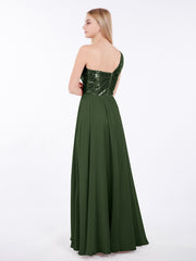 Sequins Top Chiffon Button Long Dresses Olive Green