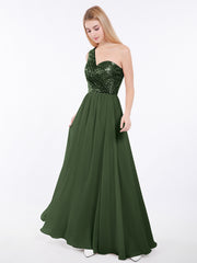 Sequins Top Chiffon Button Long Dresses Olive Green