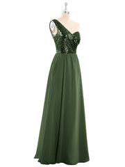 Sequins Top Chiffon Button Long Dresses Olive Green